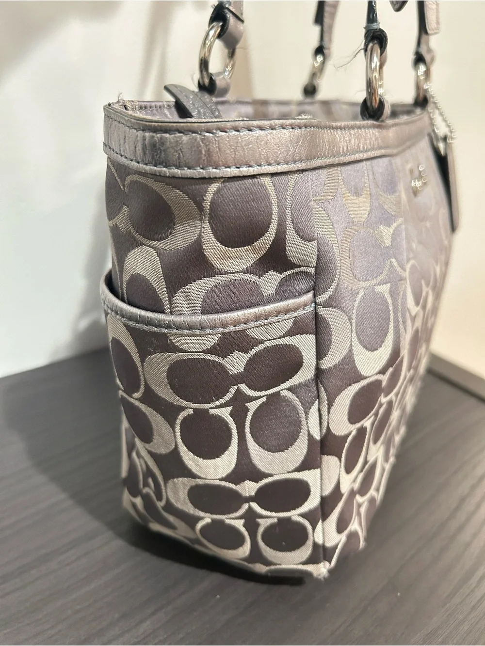 Coach  F17676 Gray Signature Jacquard East West Tote Bag w Metallic Leather Trim